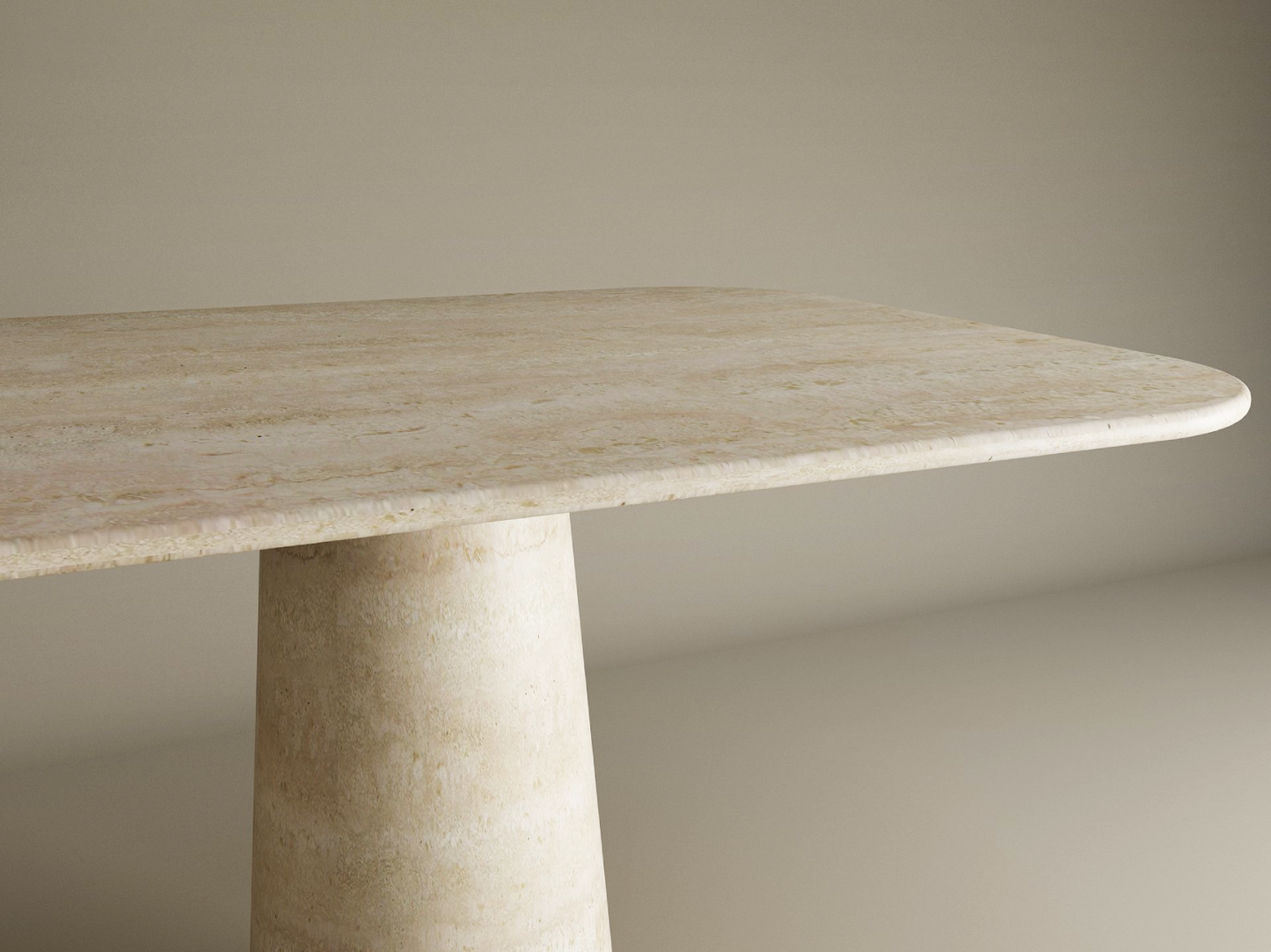 The TRAVERTABLE Rectangular Travertine Dining Table features a natural stone tabletop with rounded corners and a conical organic travertine stone base, shown against a plain, light background. Customizable options available.