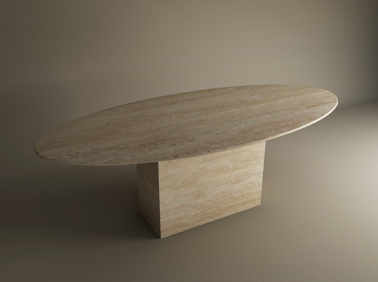 The TRAVERTABLE Ellips Travertine Dining Table features a thick natural stone tabletop and block base in beige, set against a plain neutral background. This customizable dining table combines elegance and durability.