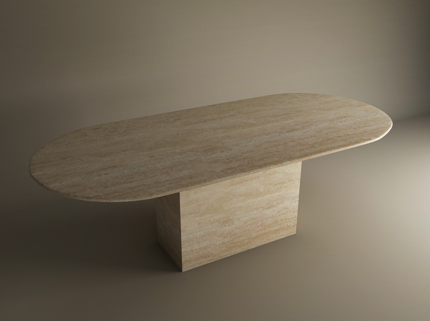 The TRAVERTABLE Oval Travertine Dining Table with Block Base features a natural stone tabletop and customizable design—a timeless heirloom set against a neutral background.