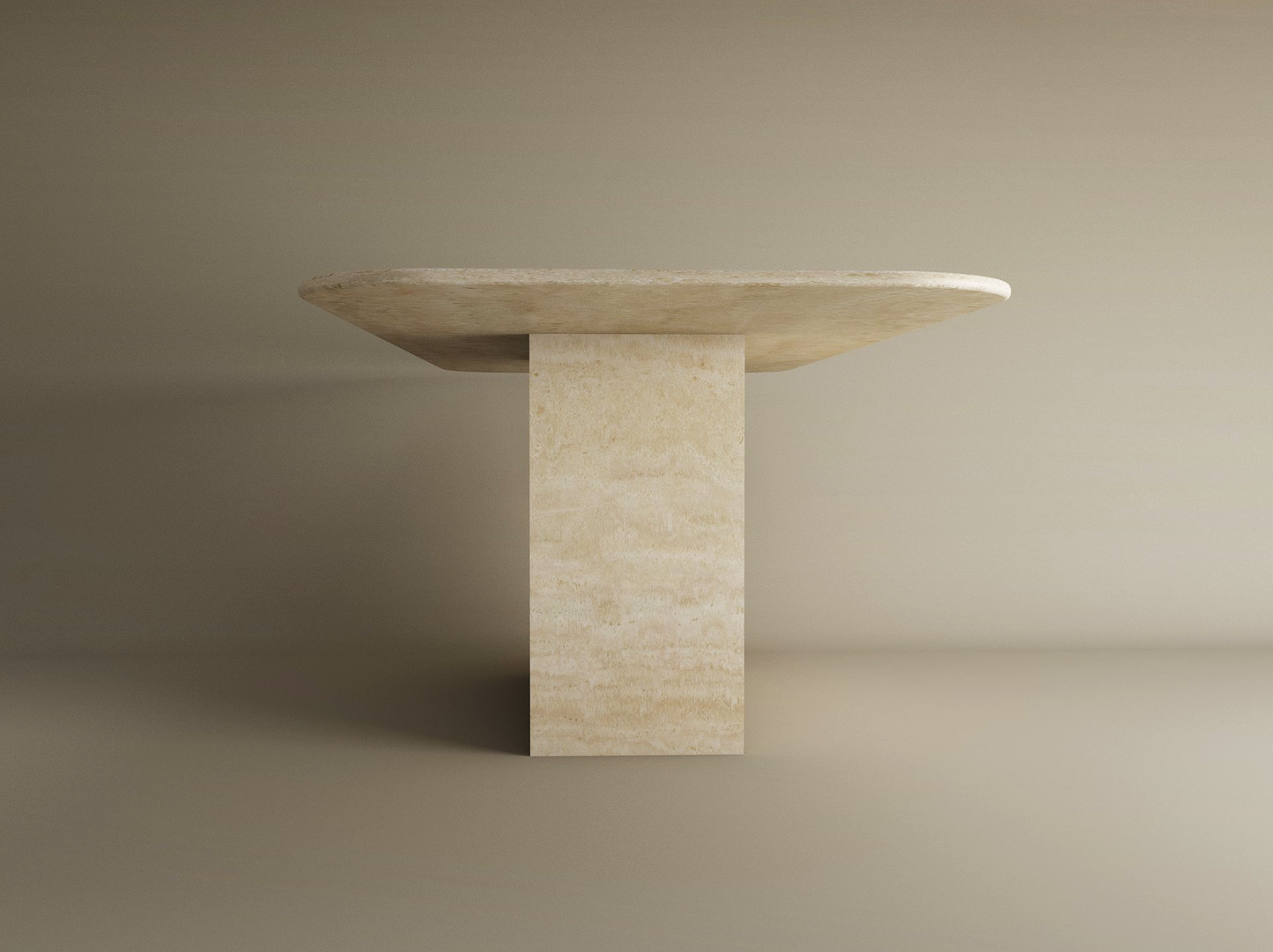 The TRAVERTABLE Rectangular Travertine Dining Table features a thick natural stone top and solid block base, showcasing a timeless, minimalist design in light neutral tones. Customizable to fit your dining space.