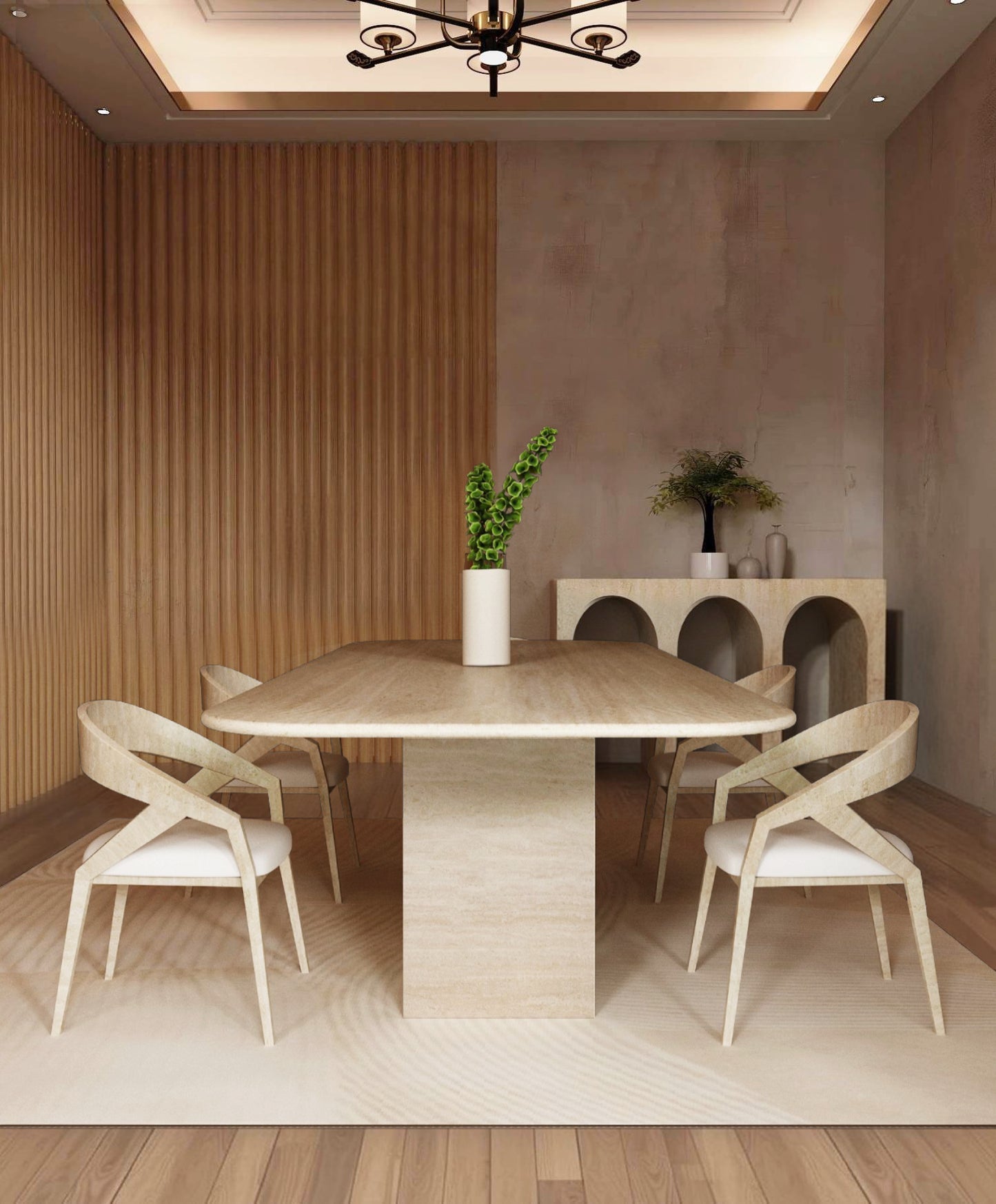A minimalist dining room featuring the TRAVERTABLE Rectangular Travertine Dining Table with Block Base, four matching chairs, a light rug, and a sideboard with vases and plants against textured beige walls with vertical wood accents.