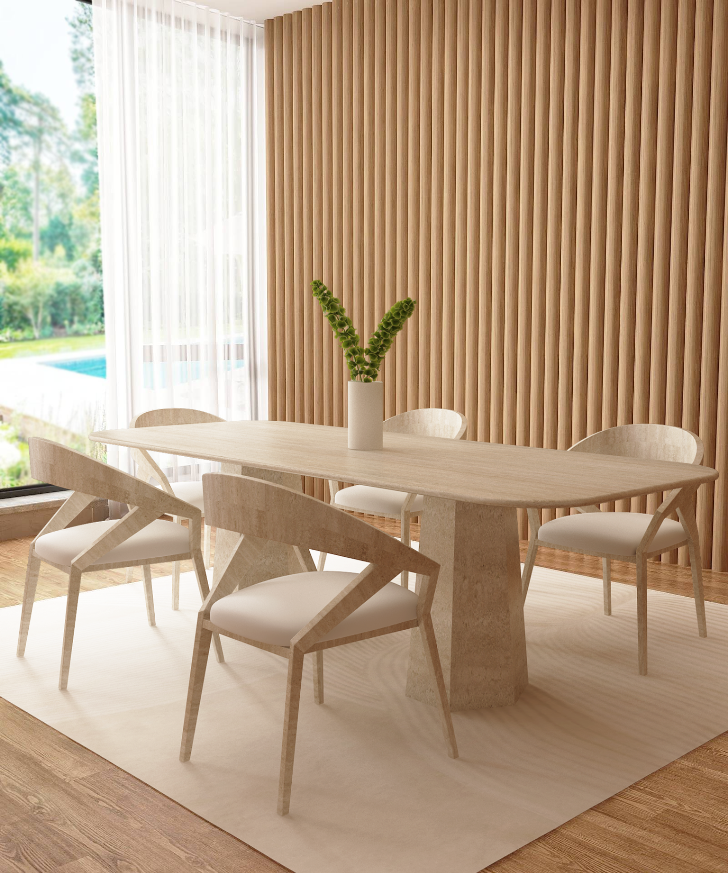 Rectangular Travertine Dining Table with Tapered Round Base – Solid Travertine Stone Base – Customizable Dining Table