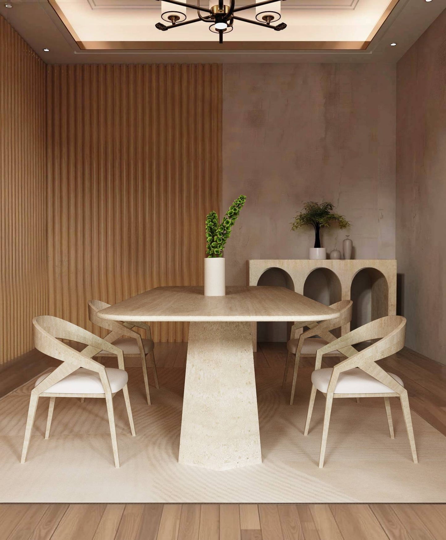 Rectangular Travertine Dining Table with Tapered Round Base – Solid Travertine Stone Base – Customizable Dining Table