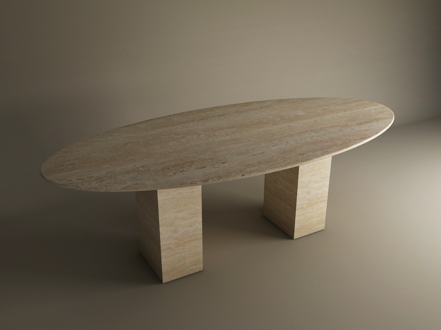 The TRAVERTABLE Ellips Travertine Dining Table features an oval stone top and sturdy rectangular pedestal base, blending natural elegance with customizable design for a timeless dining statement.