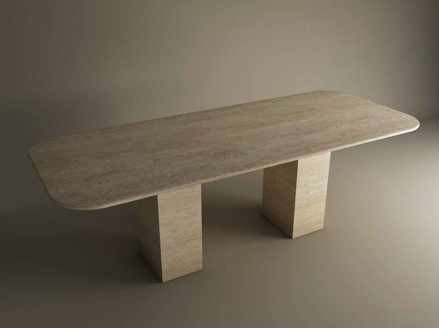 The TRAVERTABLE Rectangular Travertine Dining Table features a natural stone top with rounded corners and two thick rectangular pedestal bases, shown against a plain background.