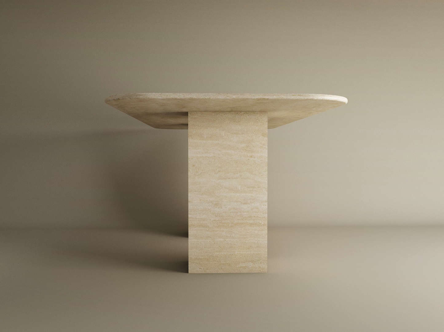 The TRAVERTABLE Rectangular Travertine Dining Table features a natural travertine stone top and thick rectangular pedestal base, set against a plain beige background. Customizable design by TRAVERTABLE.