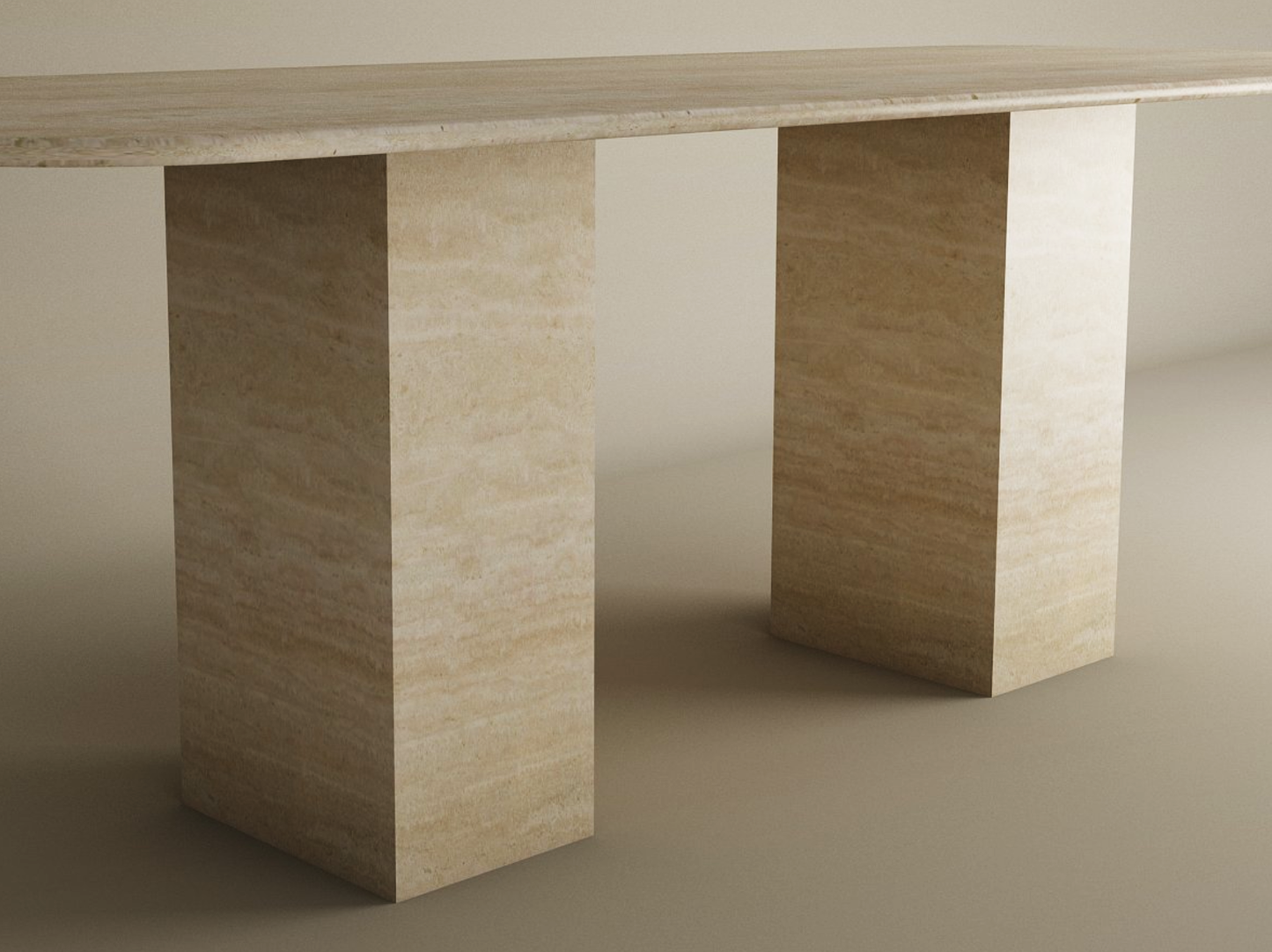 The TRAVERTABLE Rectangular Travertine Dining Table features a natural stone tabletop and smooth surface, supported by two thick rectangular pedestal bases—an elegant, customizable piece for any neutral dining space.