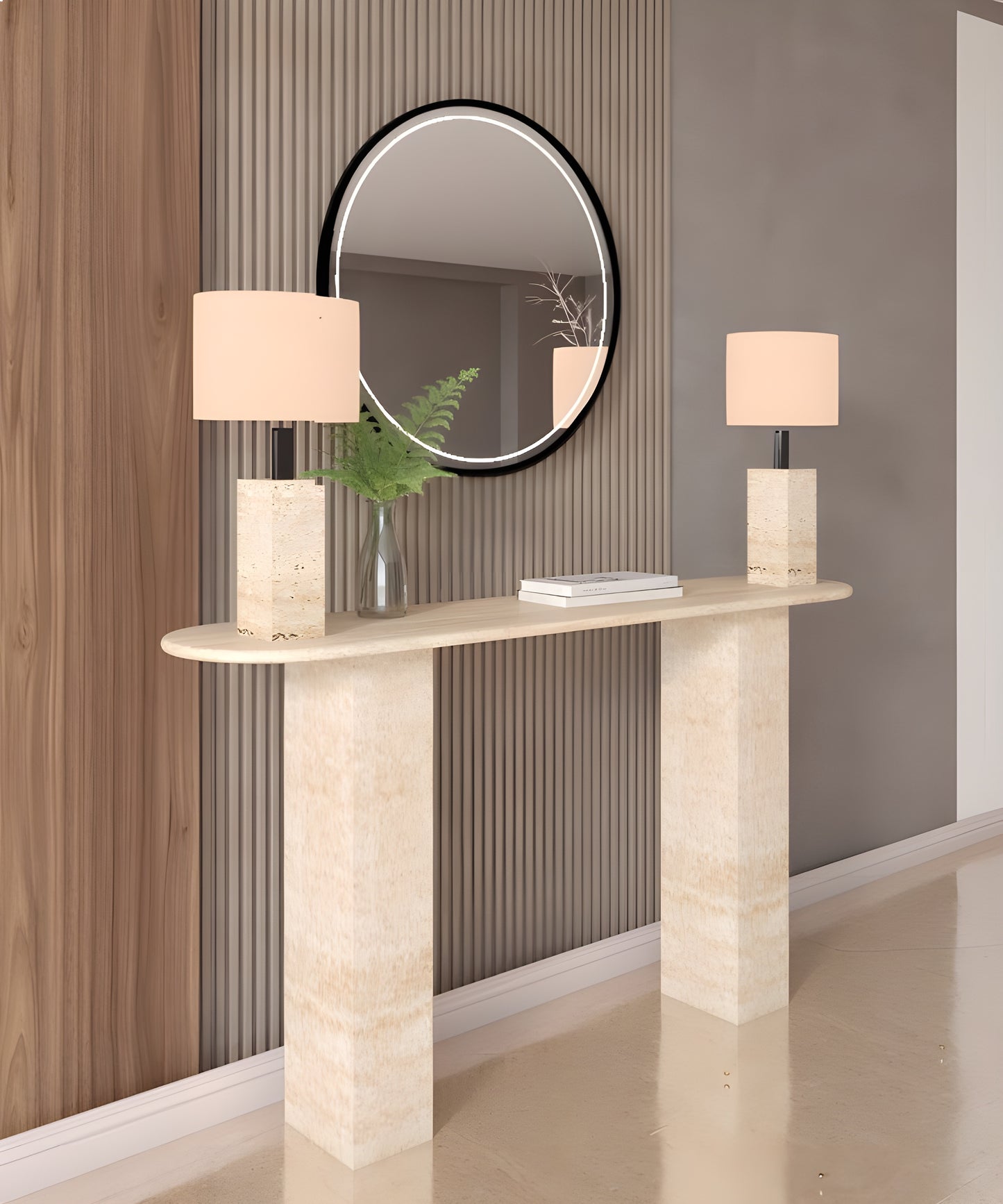 Ovale Travertine Console Table with Rectangular Pedestal Base – Travertine Stone Base – Customizable Console Table