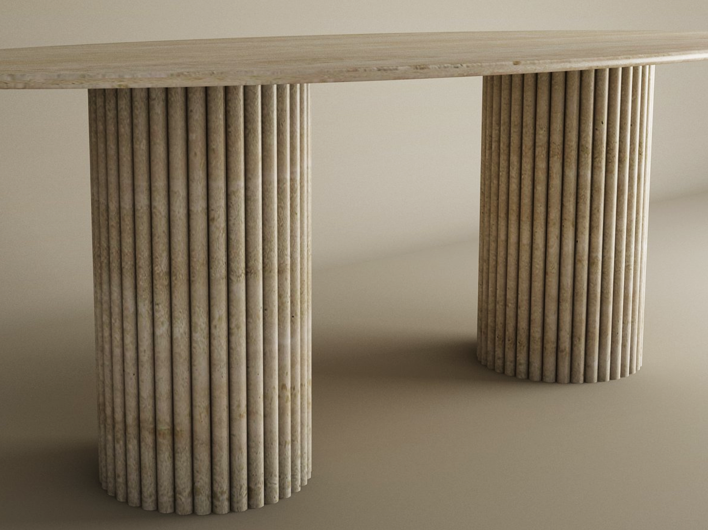 The TRAVERTABLE Ellips Travertine Dining Table features a smooth natural stone top and two vertical groove bases—an heirloom, customizable piece that adds refined elegance to any space.