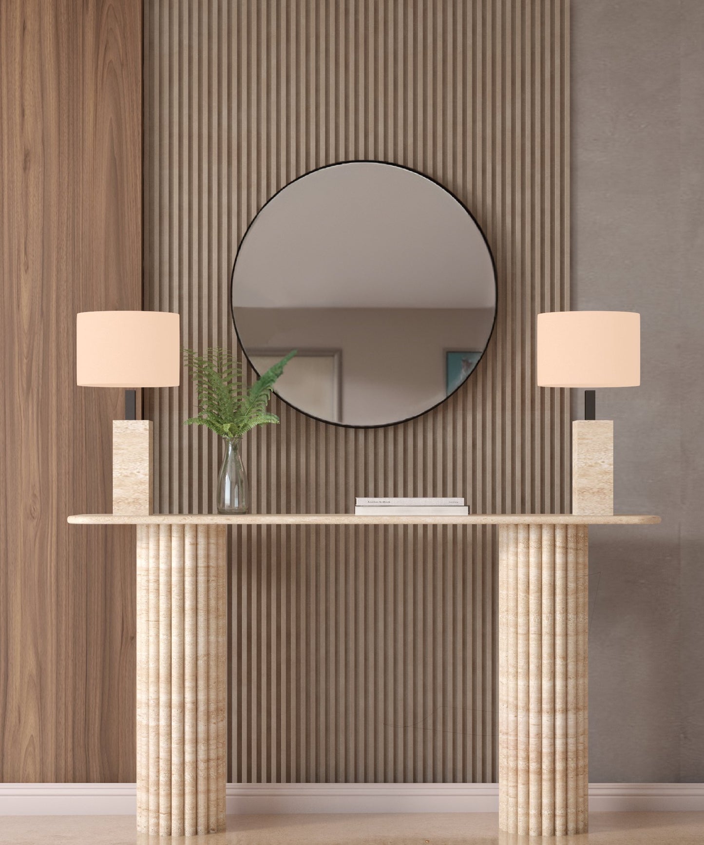 Rectangular Travertine Console Table with Vertical Groove Base – Organic Stone Base – Customizable Console Table