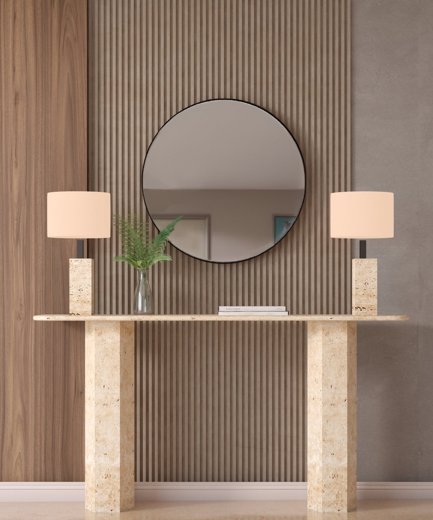 Rectangular Travertine Console Table with Hexagonal Pedestal Base – Organic Stone Base – Customizable Console Table