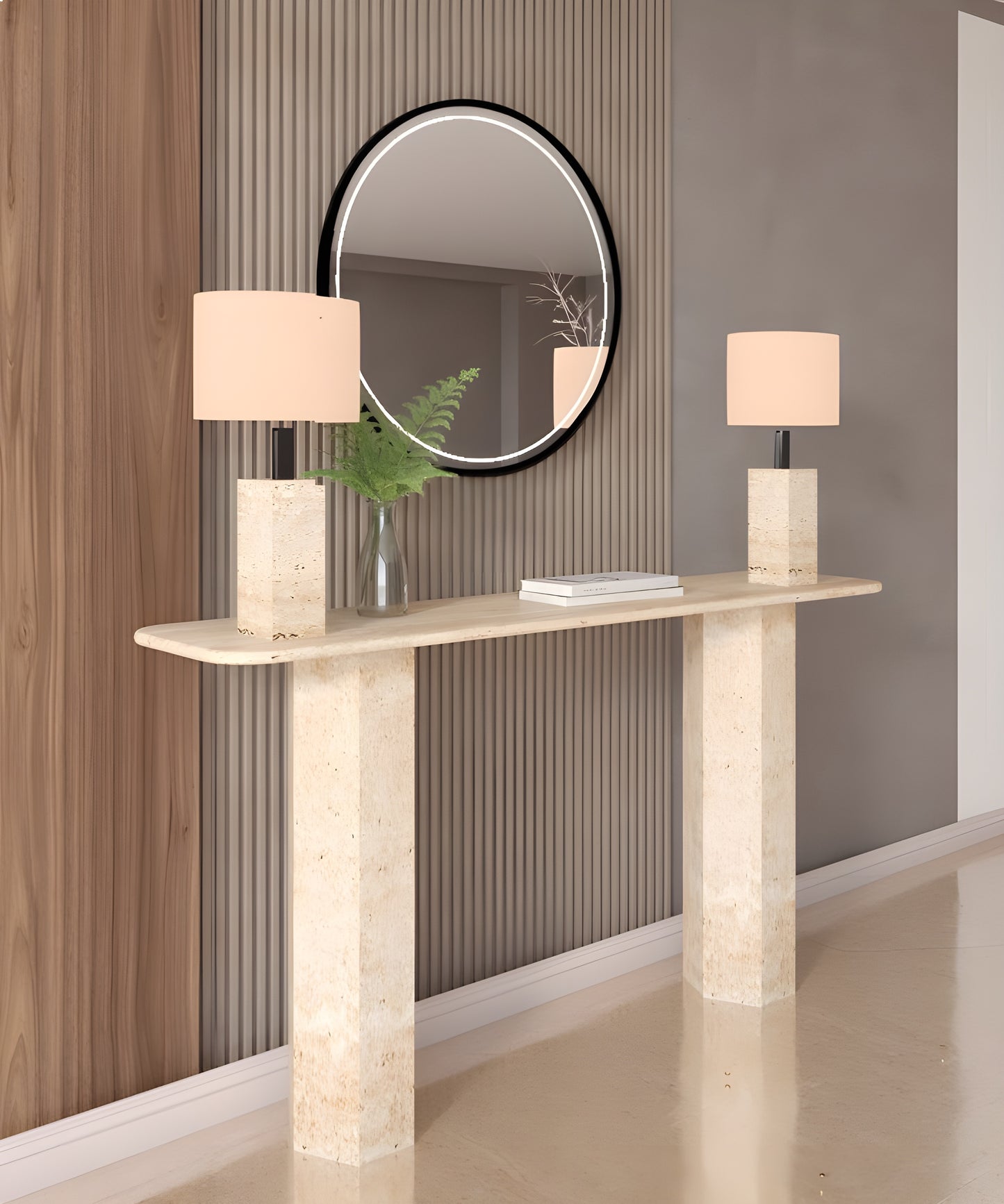 Rectangular Travertine Console Table with Hexagonal Pedestal Base – Organic Stone Base – Customizable Console Table
