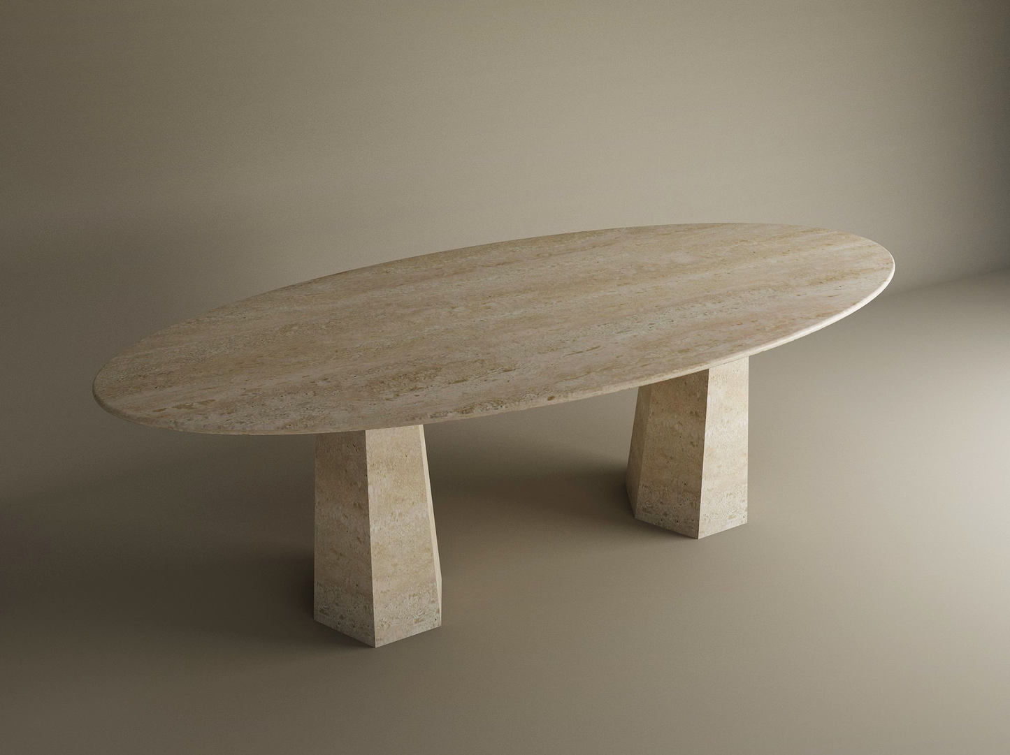 The Ellips Travertine Dining Table by TRAVERTABLE features a smooth, natural travertine tabletop and tapered round solid stone base—an elegant, customizable heirloom piece set against a neutral backdrop.