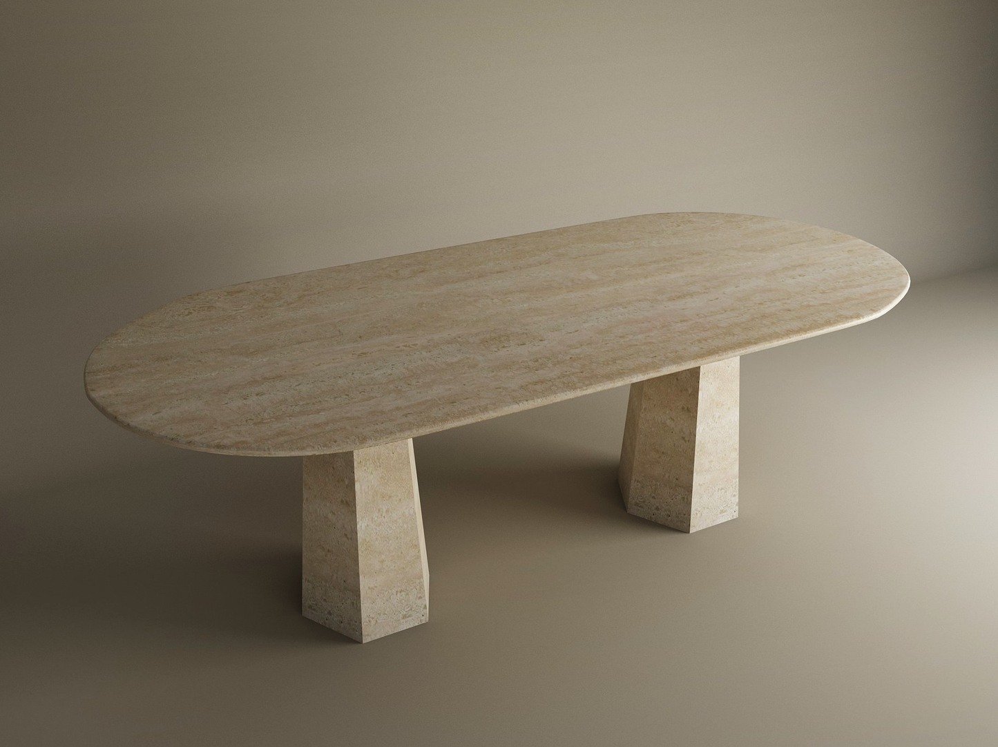 The TRAVERTABLE Oval Travertine Dining Table features a natural stone tabletop and a solid travertine tapered round base, shown in a softly lit neutral setting. Customization available.