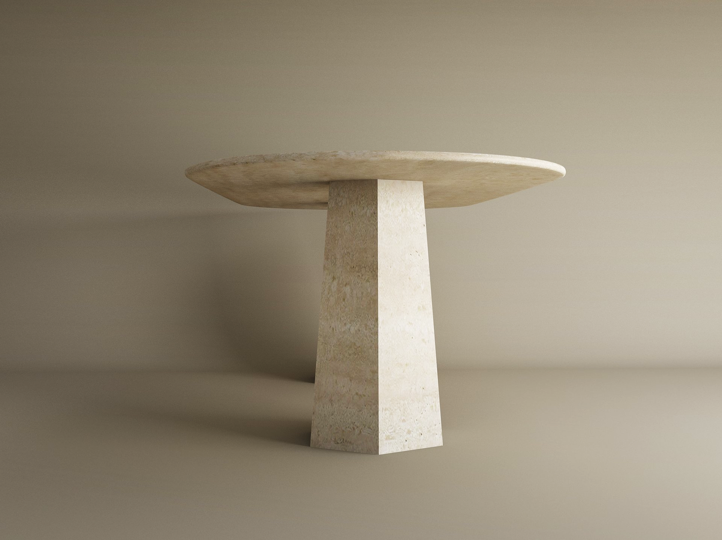 The TRAVERTABLE Oval Travertine Dining Table features a natural solid travertine tabletop and a tapered round base—customizable and minimalist, this timeless piece is set against a beige background.