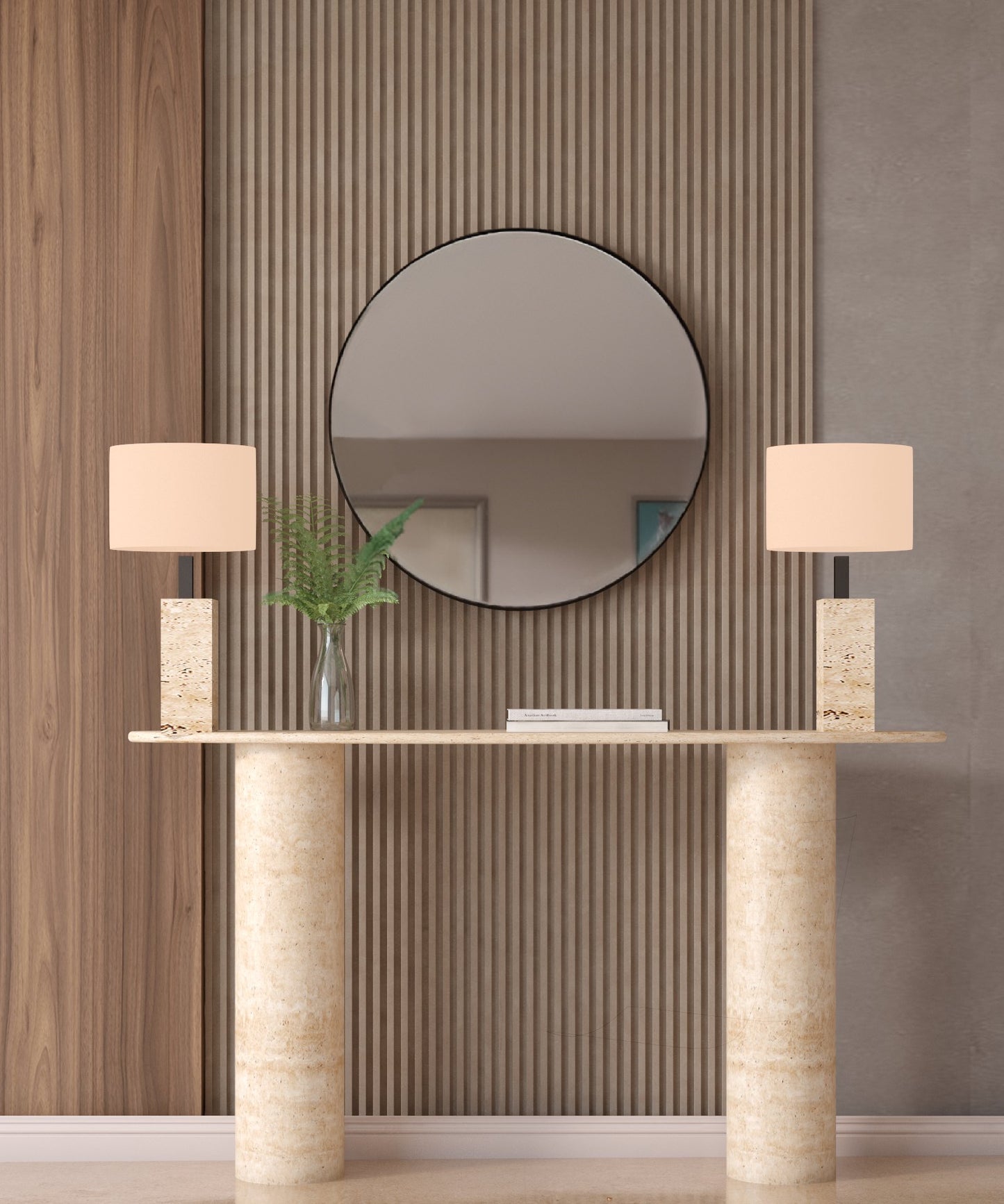 Ellips Travertine Console Table with Smooth Cylinder Base – Pure Travertine Stone Base – Customizable Console Table