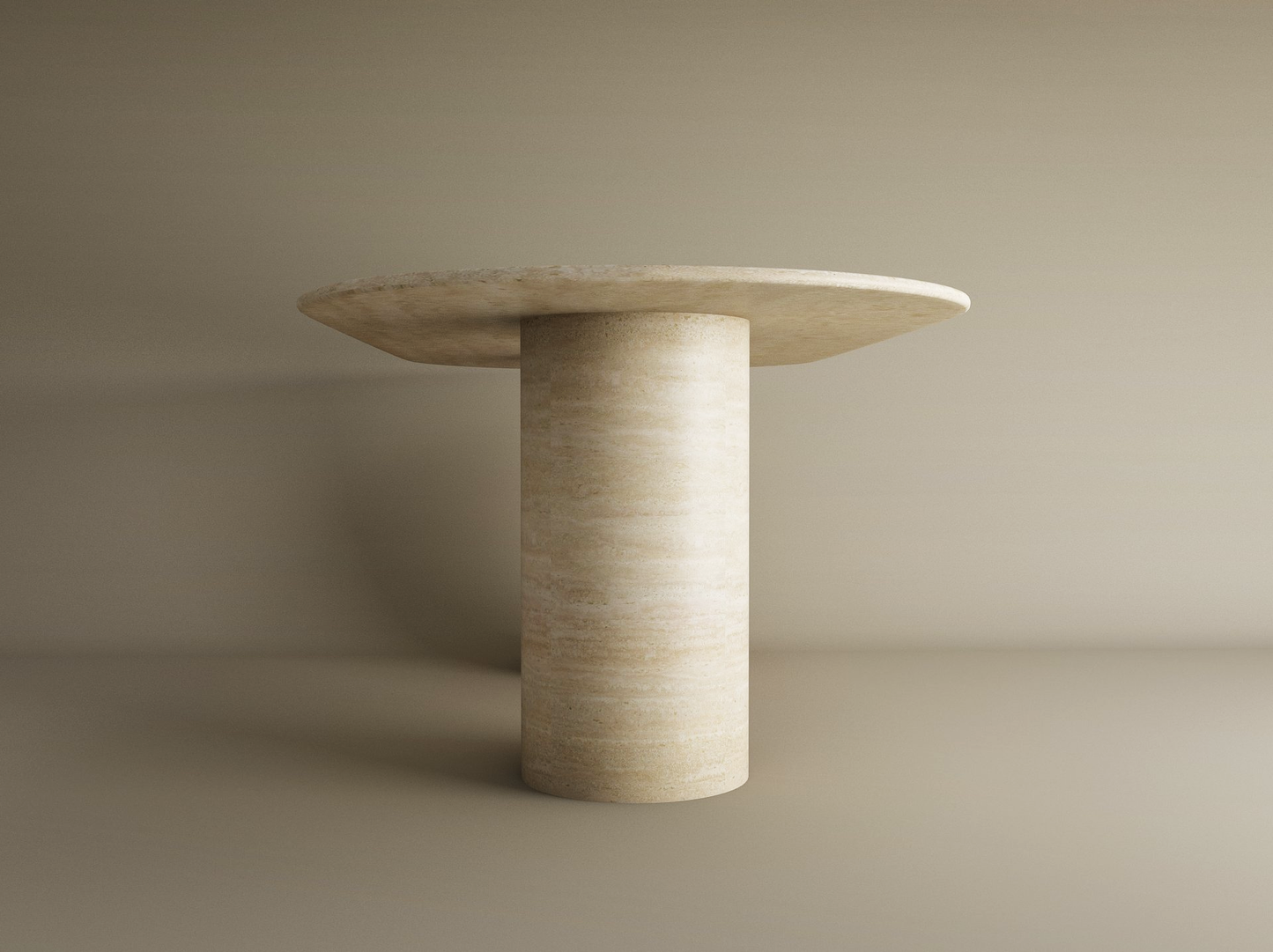 The TRAVERTABLE Oval Travertine Dining Table features a pure travertine stone base in a smooth cylinder shape and a wide oval top, shown in beige against a matching background. Customizable to fit your dining space.