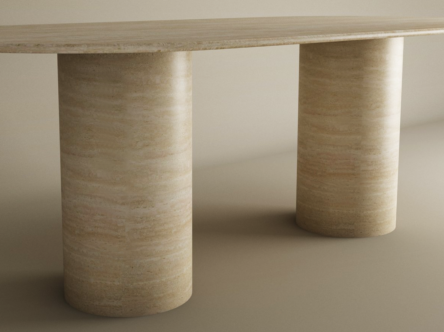 The TRAVERTABLE Oval Travertine Dining Table features a smooth cylinder pure travertine stone base and an elegant natural stone tabletop, customizable to suit your space, shown here in beige against a neutral background.