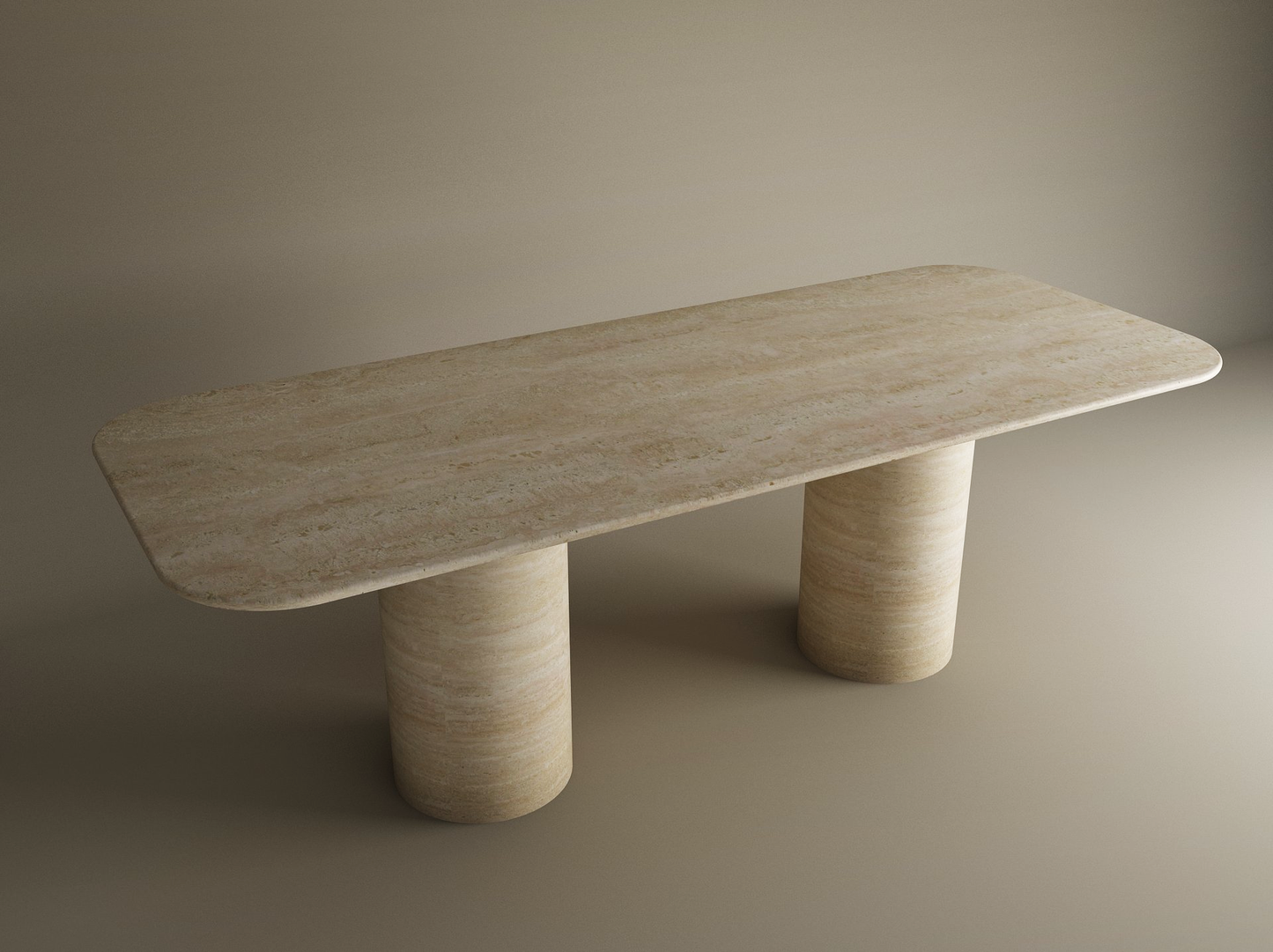 The Rectangular Travertine Dining Table by TRAVERTABLE features a pure travertine stone top, smooth cylinder base, and rounded corners. This customizable piece brings timeless elegance and heirloom quality to minimalist interiors.