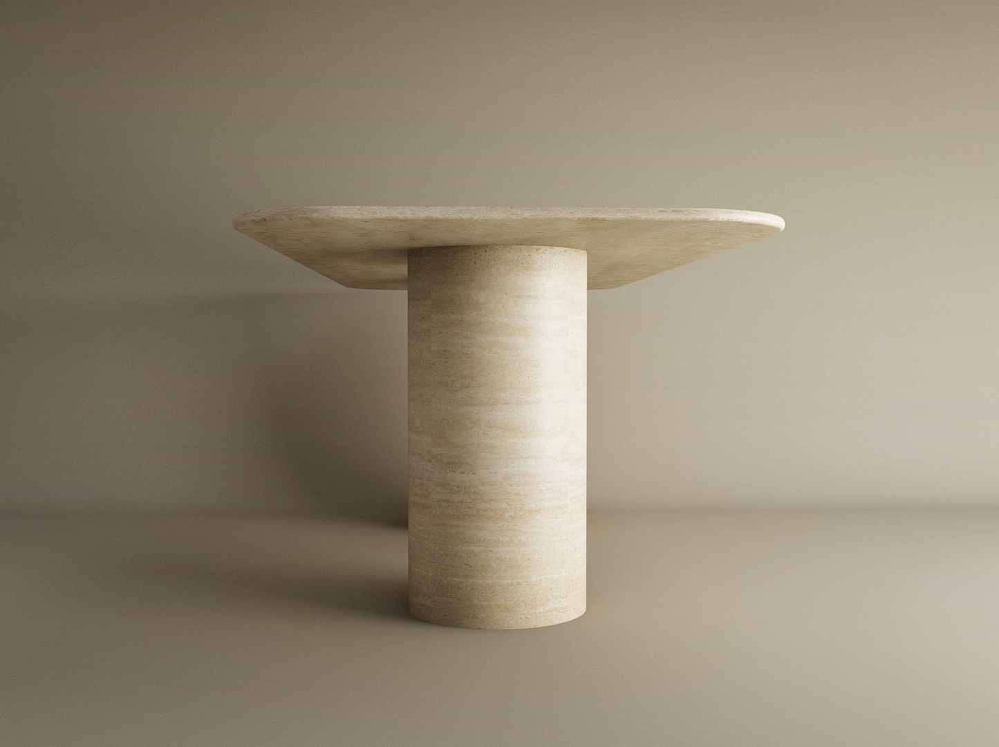 The TRAVERTABLE Rectangular Travertine Dining Table features a smooth, pure travertine stone cylinder base and a flat rectangular tabletop, shown against a plain beige background. The table is fully customizable for your dining space.