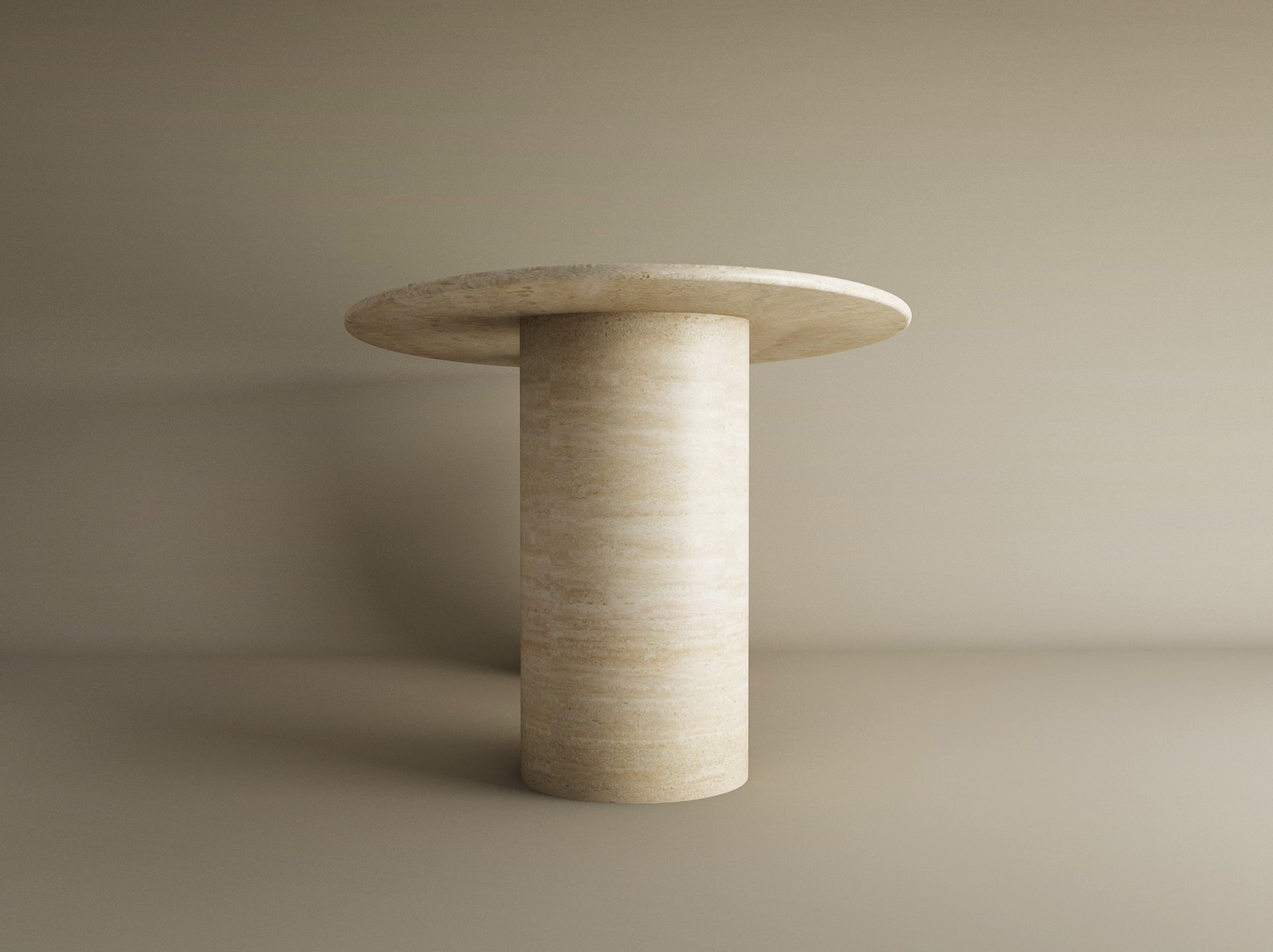 The TRAVERTABLE Rectangular Travertine Dining Table features a pure travertine stone cylindrical base and a wide, flat tabletop, shown against a plain light brown background; this customizable dining table combines elegance with natural materials.