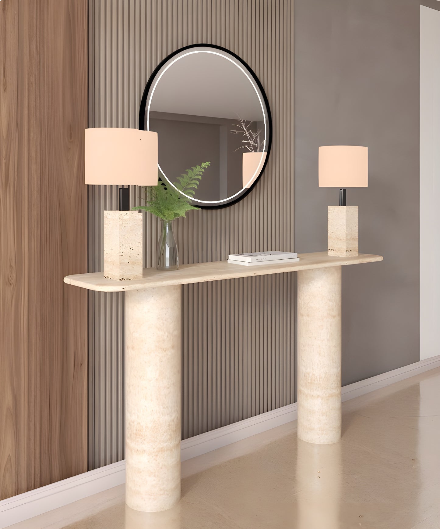 Rectangular Travertine Console Table with Smooth Cylinder Base – Pure Travertine Stone Base – Customizable Console Table
