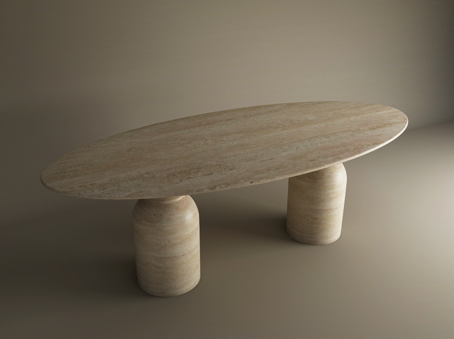 The Ellips Travertine Dining Table by TRAVERTABLE features a customizable natural travertine stone top with a sculptural round organic base, all in a matching beige marbled finish, set against a neutral background.
