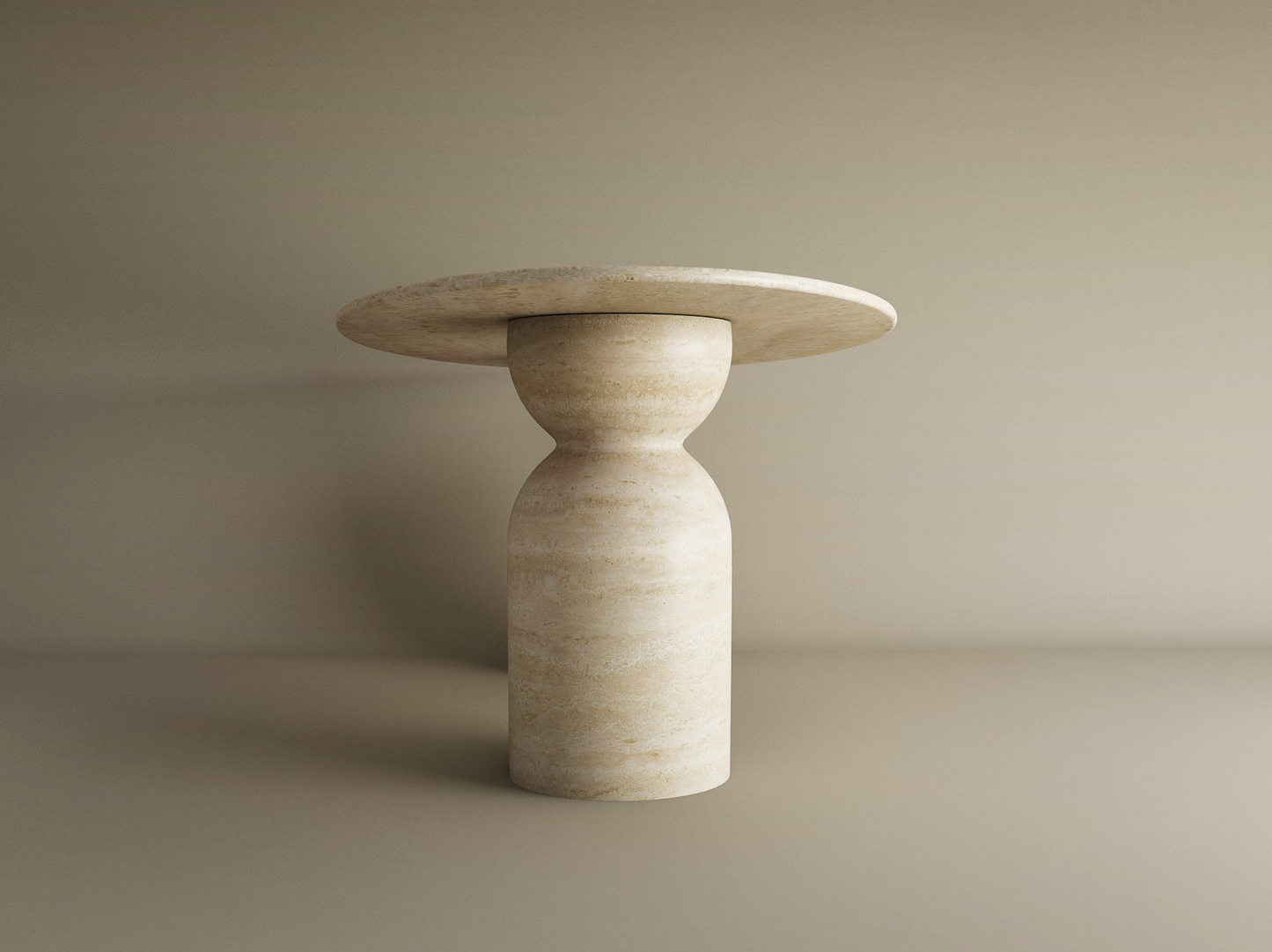 The TRAVERTABLE Ellips Travertine Dining Table features a minimal, hourglass-shaped organic travertine stone base and natural stone top. Its symmetric, polished design offers customizable elegance—an heirloom piece for any space.