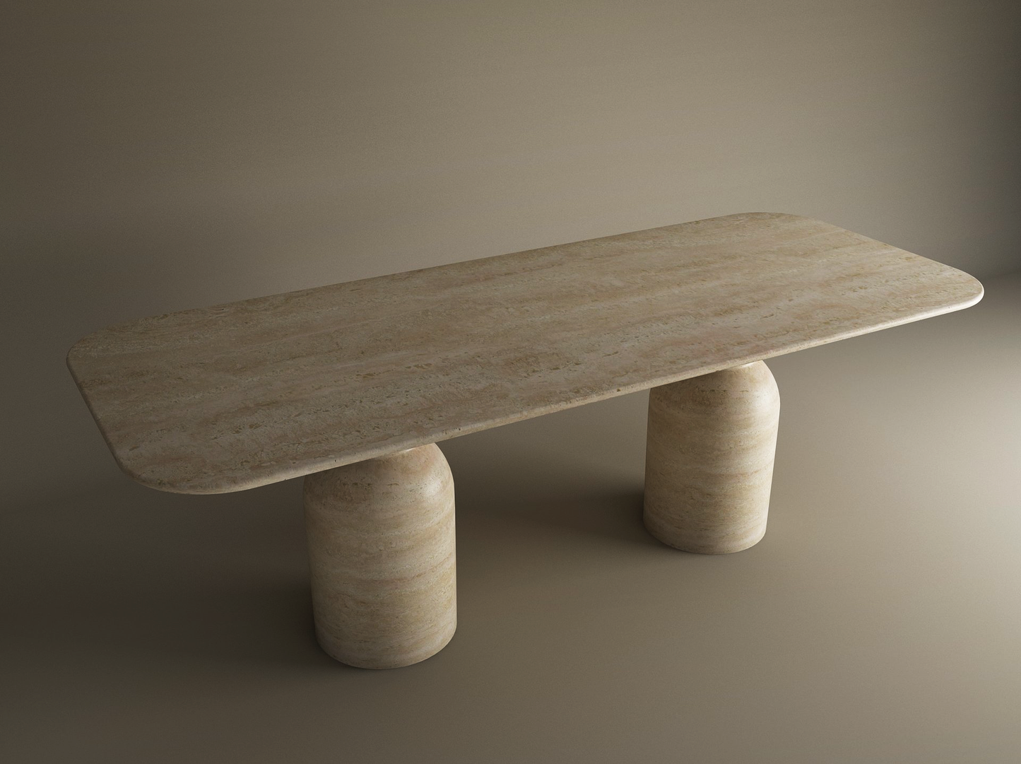 Rectangular Travertine Dining Table with Sculptural Round Base – Organic Travertine Stone Base – Customizable Dining Table