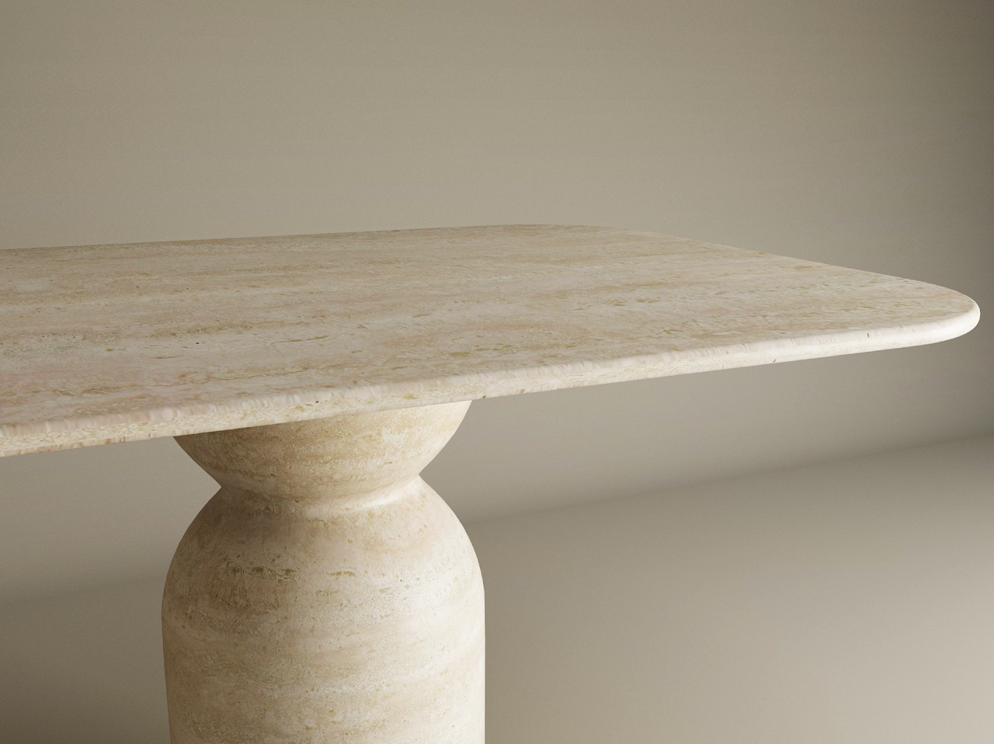 Rectangular Travertine Dining Table with Sculptural Round Base – Organic Travertine Stone Base – Customizable Dining Table