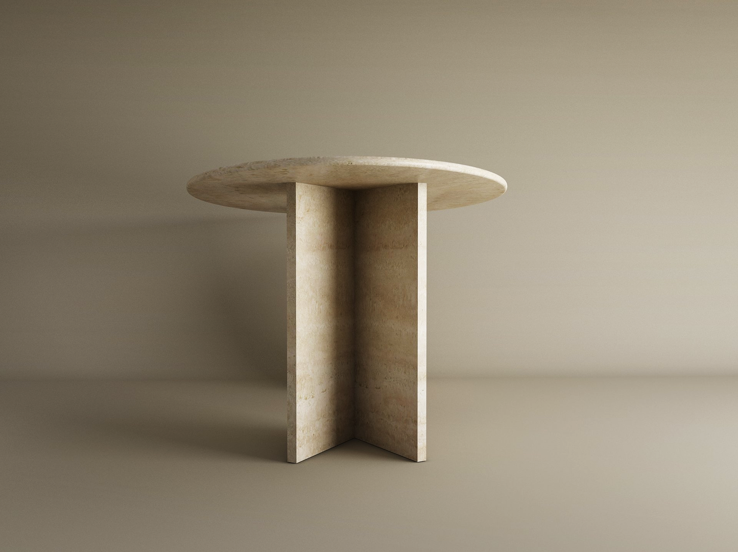 The Ellips Travertine Dining Table by TRAVERTABLE features a thick natural stone top and a split-V travertine base, set against a beige background—an heirloom piece customizable for modern interiors.