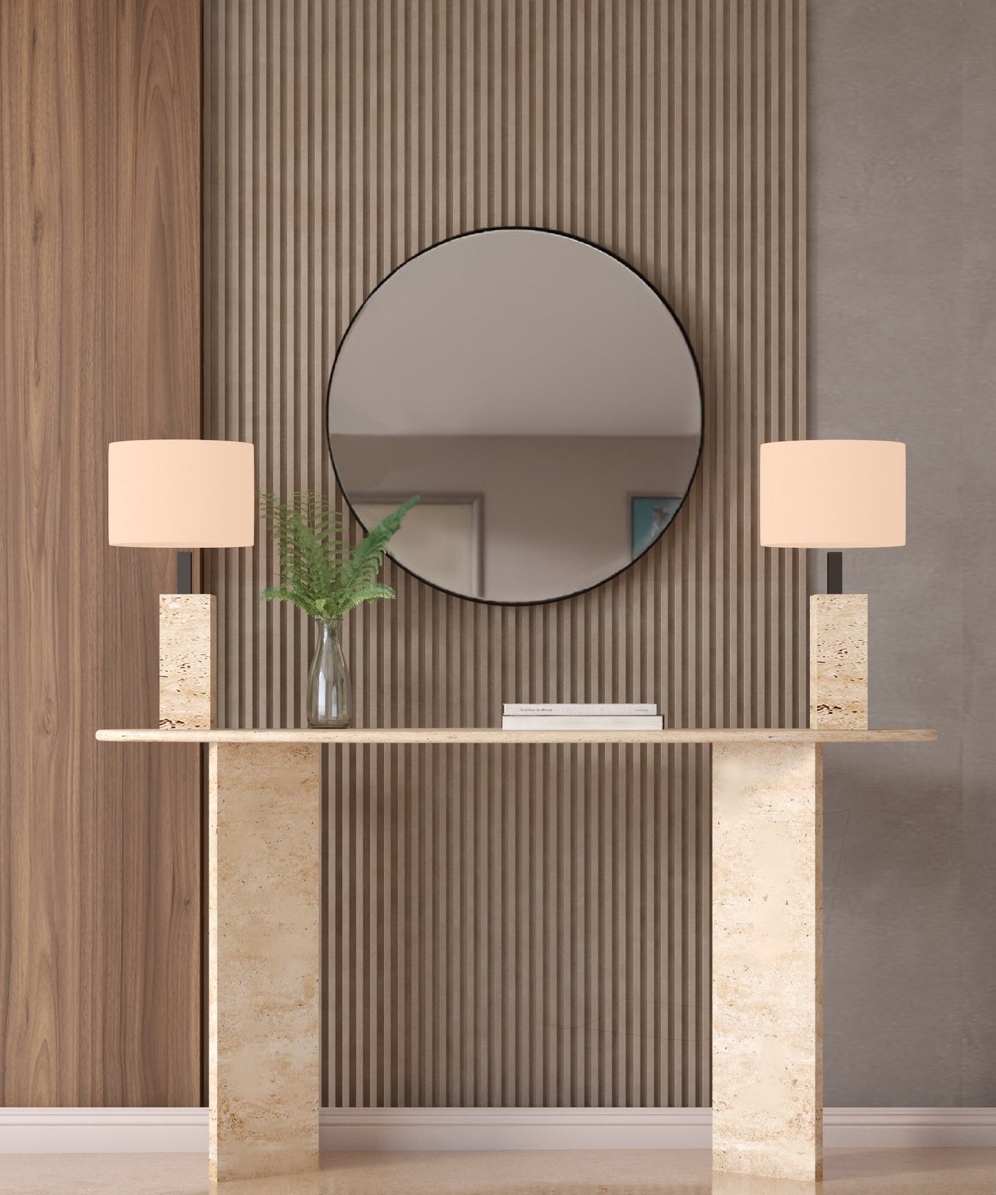 Ellips Travertine Console Table with Split-V Pedestal Base – Travertine Stone Base – Customizable Console Table