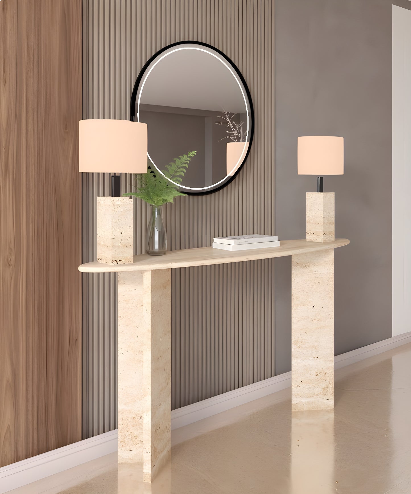Ellips Travertine Console Table with Split-V Pedestal Base – Travertine Stone Base – Customizable Console Table
