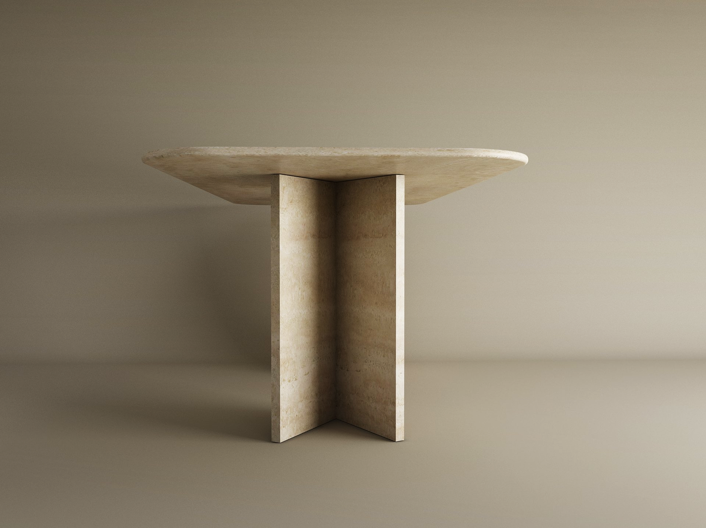 The TRAVERTABLE Rectangular Travertine Dining Table features a natural travertine stone top and a split-V pedestal base—a customizable, minimalist heirloom piece perfect for modern spaces.