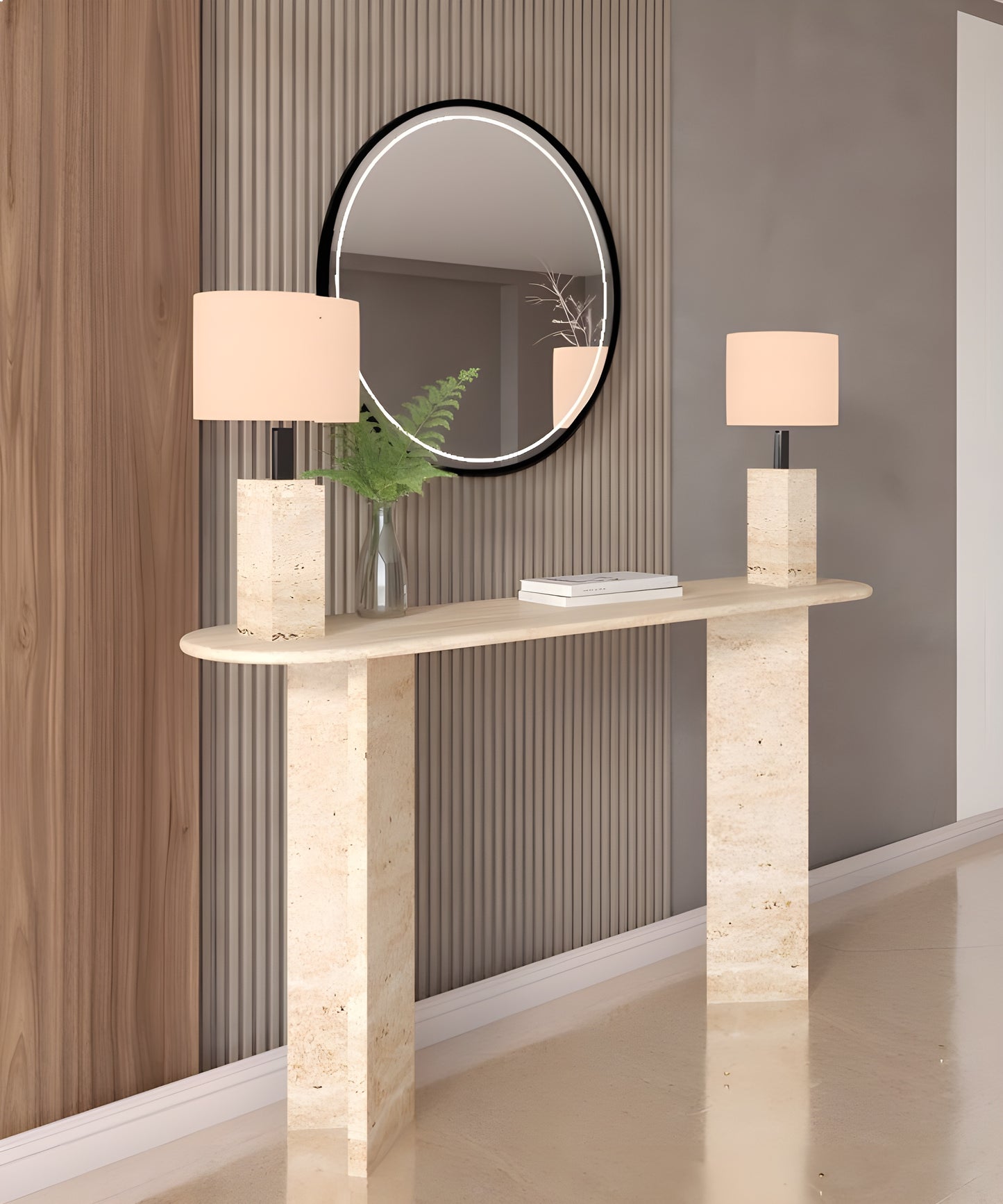 Ovale Travertine Console Table with Split-V Pedestal Base – Travertine Stone Base – Customizable Console Table