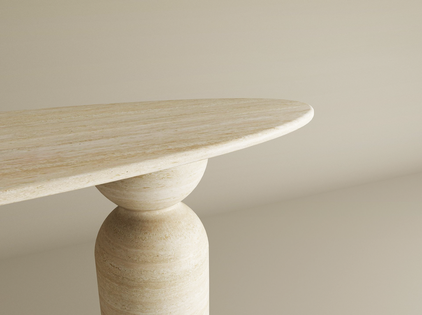 Ellips Travertine Console Table with Sculptural Round Base – Organic Travertine Stone Base – Customizable Console Table