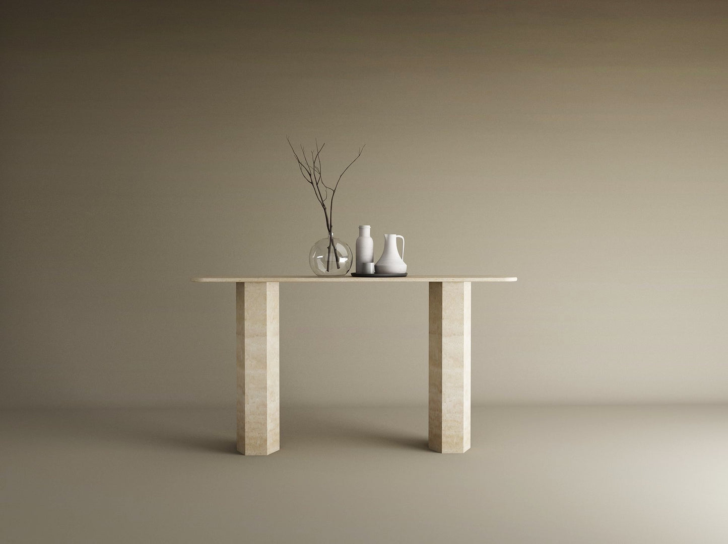 Rectangular Travertine Console Table with Hexagonal Pedestal Base – Organic Stone Base – Customizable Console Table