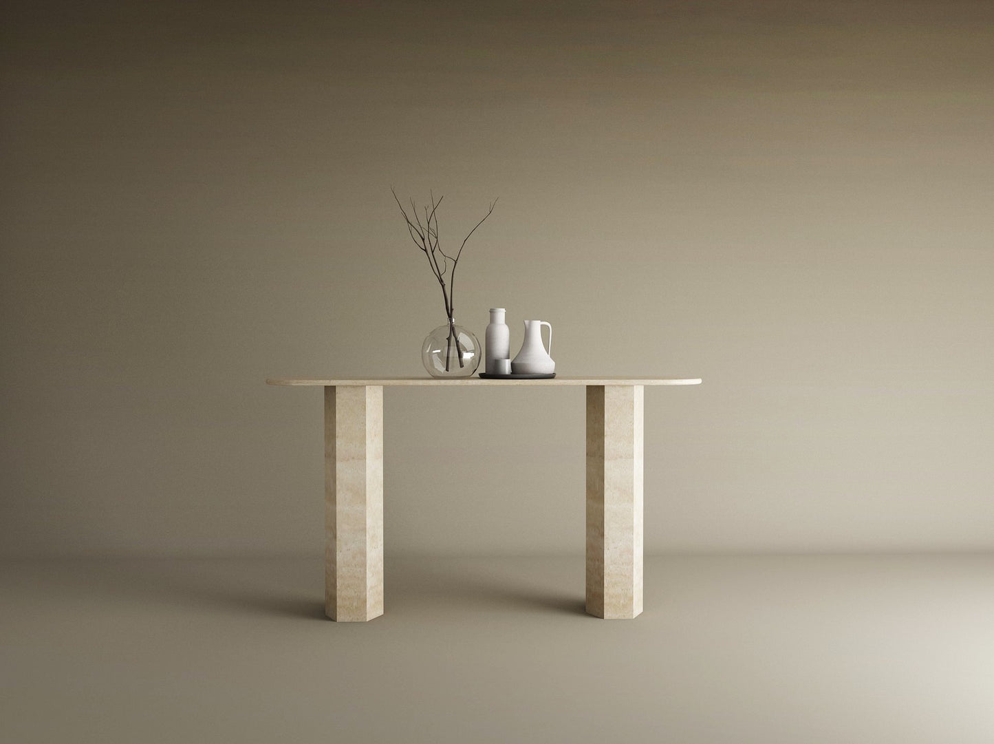 Ovale Travertine Console Table with Hexagonal Pedestal Base – Organic Stone Base – Customizable Console Table