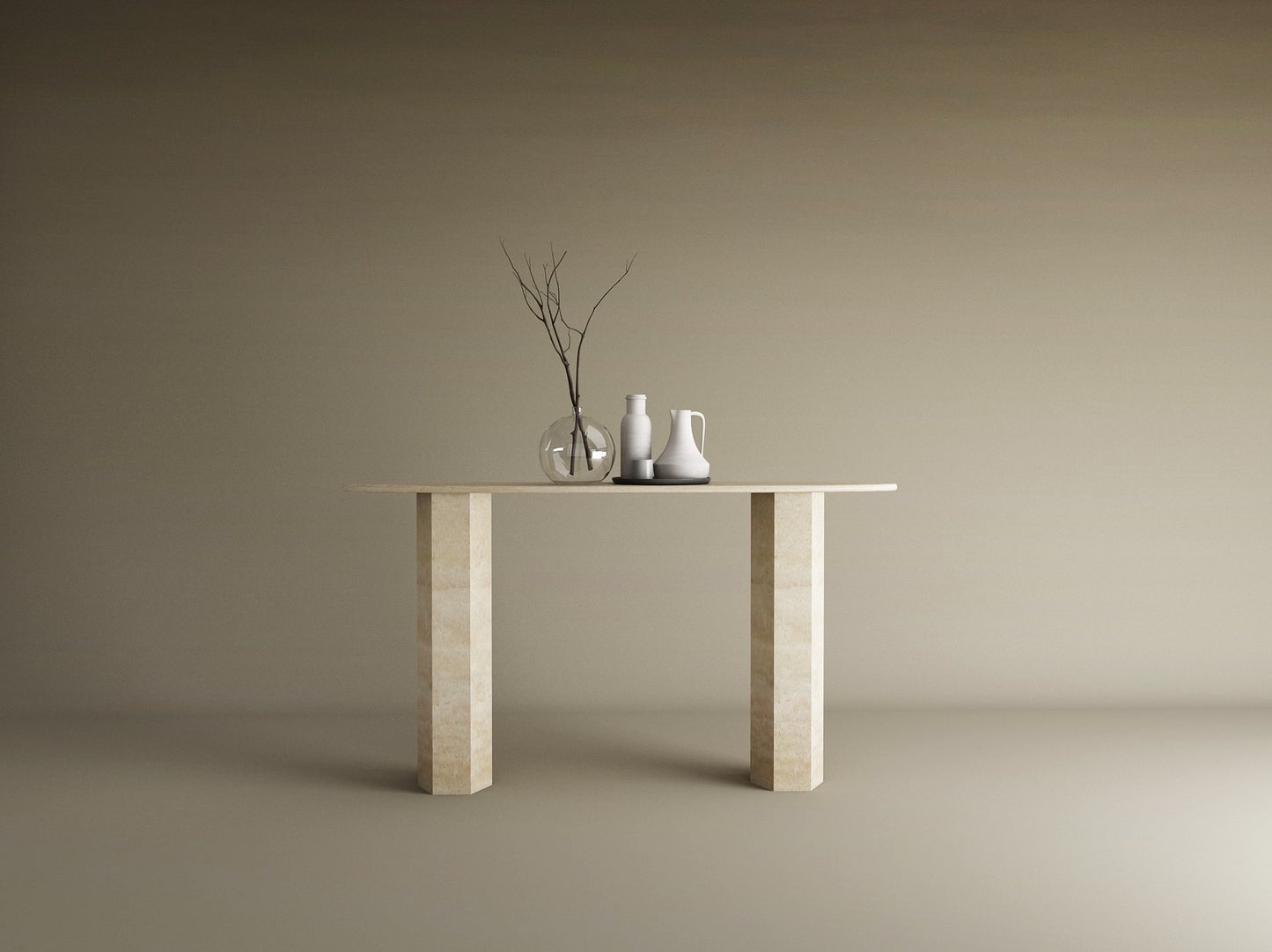 Ellips Travertine Console Table with Hexagonal Pedestal Base – Organic Stone Base – Customizable Console Table