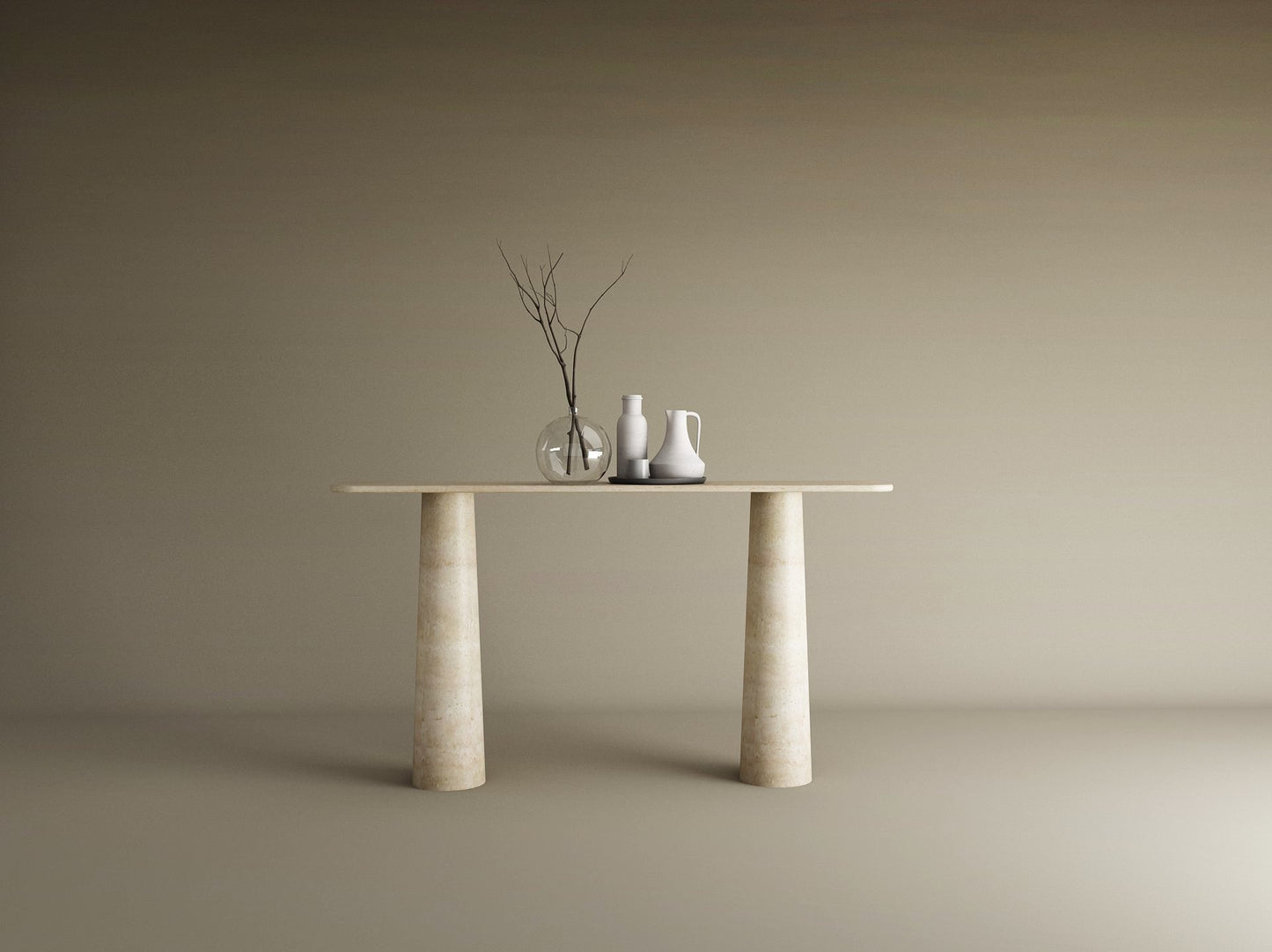 Rectangular Travertine Console Table with Conical Pedestal Base – Organic Travertine Stone Base – Customizable Console Table