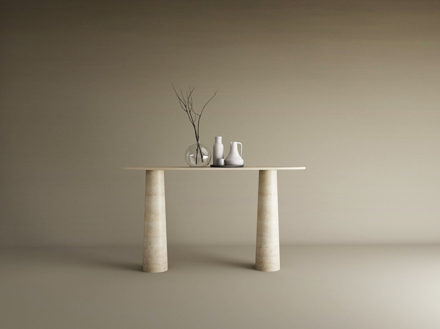 Ellips Travertine Console Table with Conical Pedestal Base – Organic Travertine Stone Base – Customizable Console Table