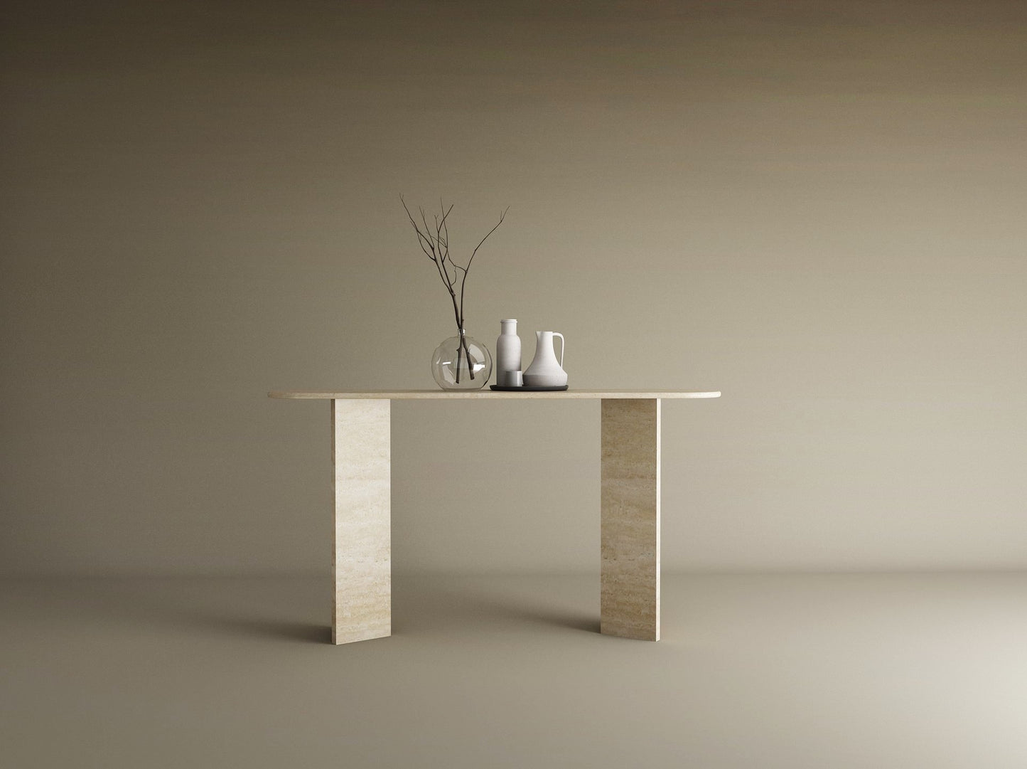 Ovale Travertine Console Table with Split-V Pedestal Base – Travertine Stone Base – Customizable Console Table