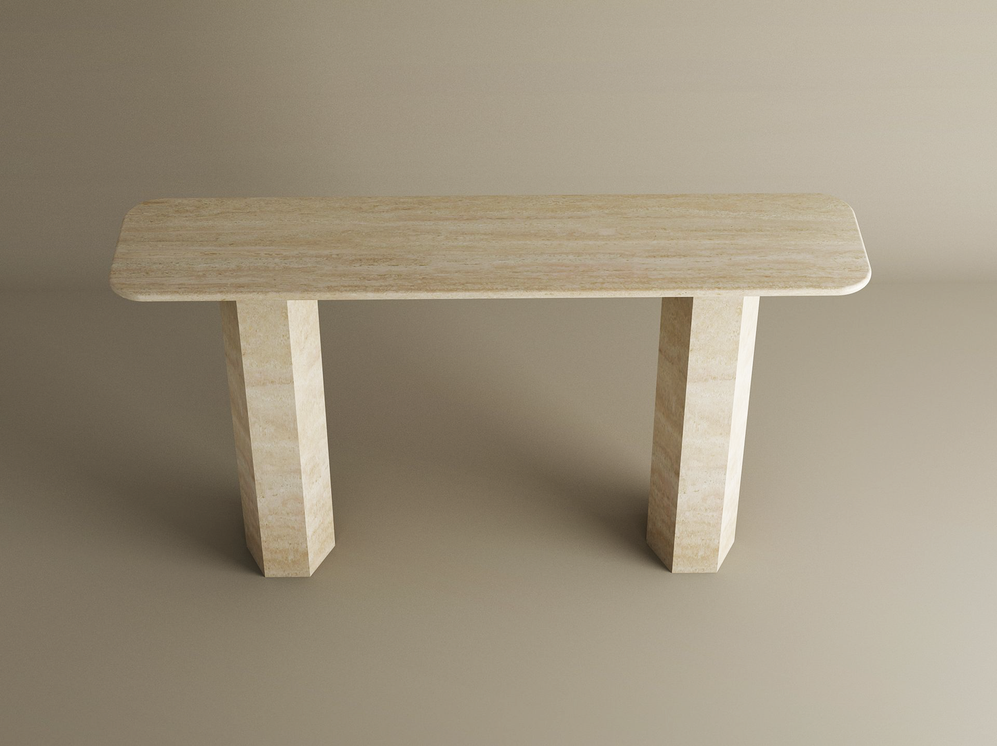 Rectangular Travertine Console Table with Hexagonal Pedestal Base – Organic Stone Base – Customizable Console Table