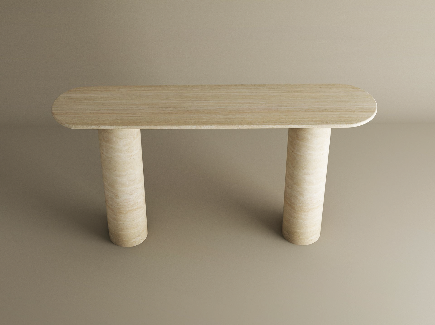 The TRAVERTABLE Ovale Travertine Console Table features an oval stone top and two smooth cylindrical pure travertine bases, combining minimalist modern style with customization options, shown against a plain beige background.
