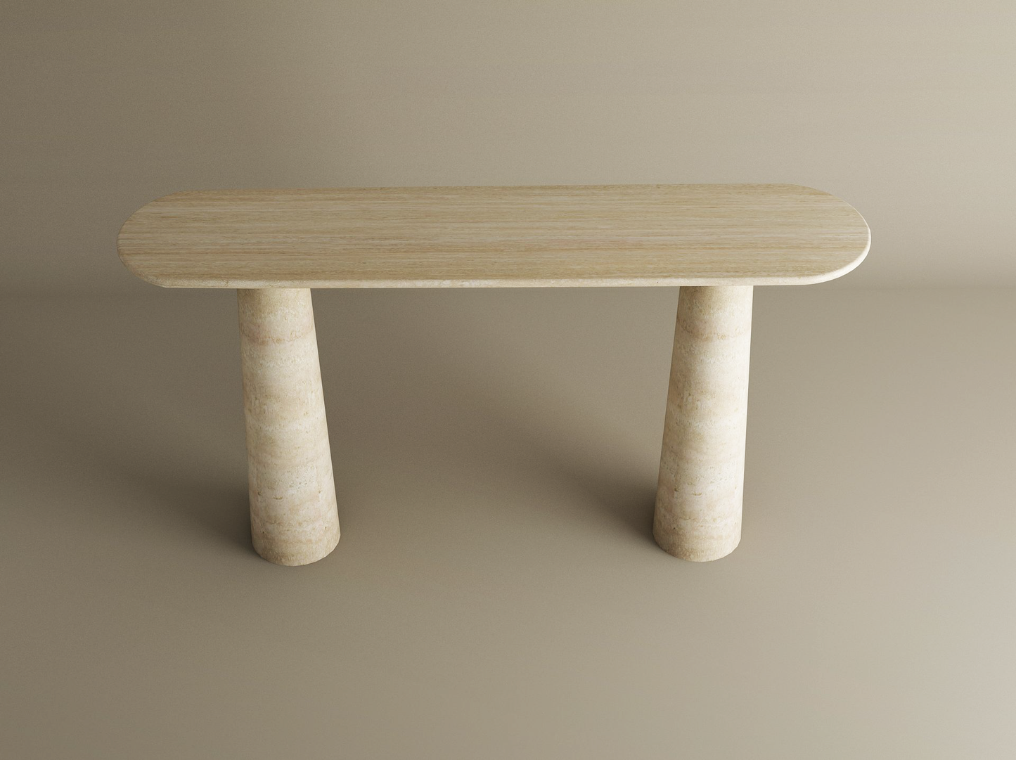 The TRAVERTABLE Ovale Travertine Console Table features an organic travertine stone top and conical pedestal base, exuding sculptural elegance and a marble-like look, perfect for minimalist spaces. Customizable to fit your décor.