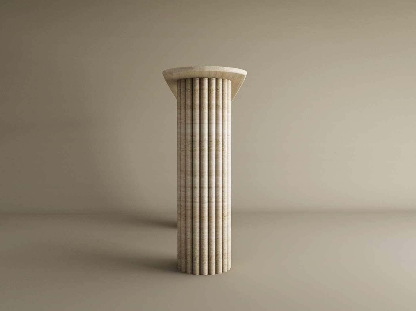 The Ovale Travertine Console Table by TRAVERTABLE, featuring a vertical groove organic stone base, stands alone against a light background under soft lighting. No other objects or decorations are present.