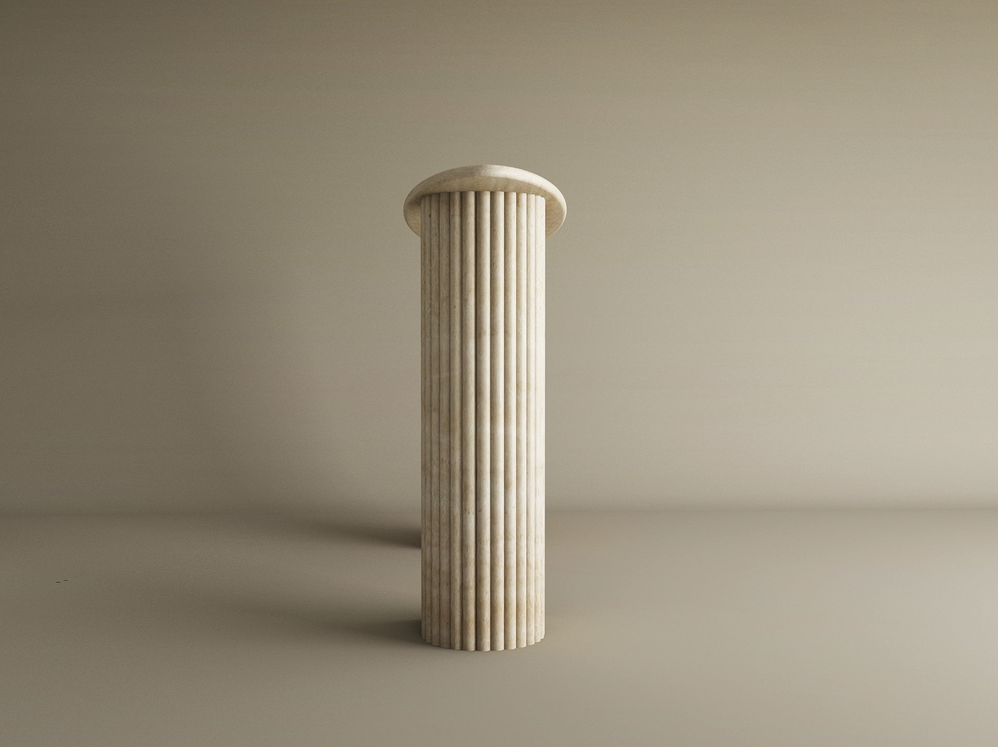 A single beige, fluted column with a rounded capital stands upright against a plain background, evoking the refined luxury of TRAVERTABLE’s Ellips Travertine Console Table with Fluted Round Solid Stone Base. A soft shadow falls to its left.