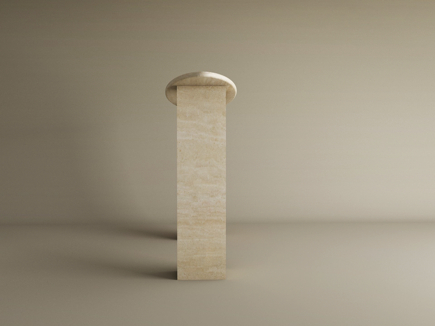 The TRAVERTABLE Ellips Travertine Console Table features a smooth, sculptural travertine stone base with a rectangular pedestal, exuding elegance against a light background. Customizable design for your space.