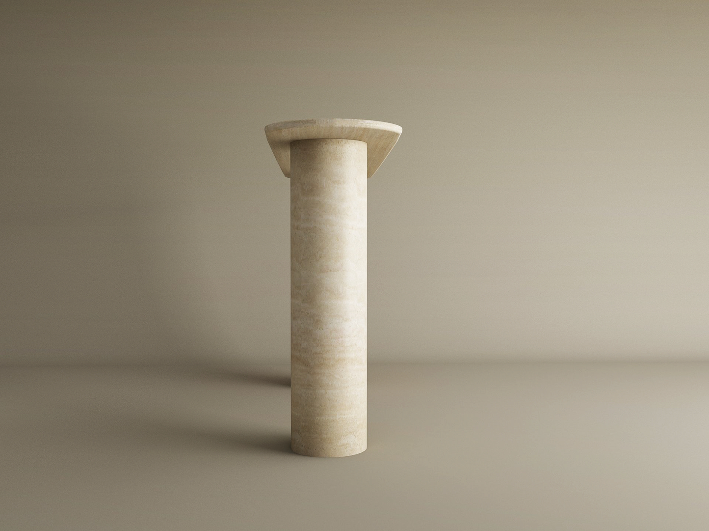 The TRAVERTABLE Ovale Travertine Console Table features a smooth, cylindrical pure travertine stone base and flat round top, standing elegantly on a beige floor against a matching background. The surface is slightly textured and customizable.