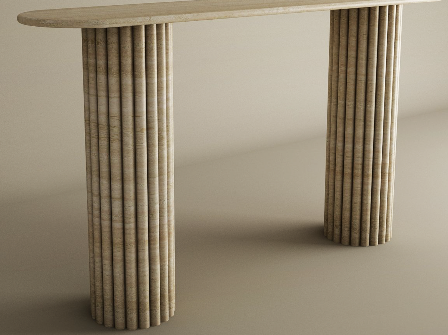 The Ovale Travertine Console Table by TRAVERTABLE features a beige oval top and two cylindrical, fluted vertical groove bases in organic stone, creating a sculptural centerpiece; fully customizable for your space.